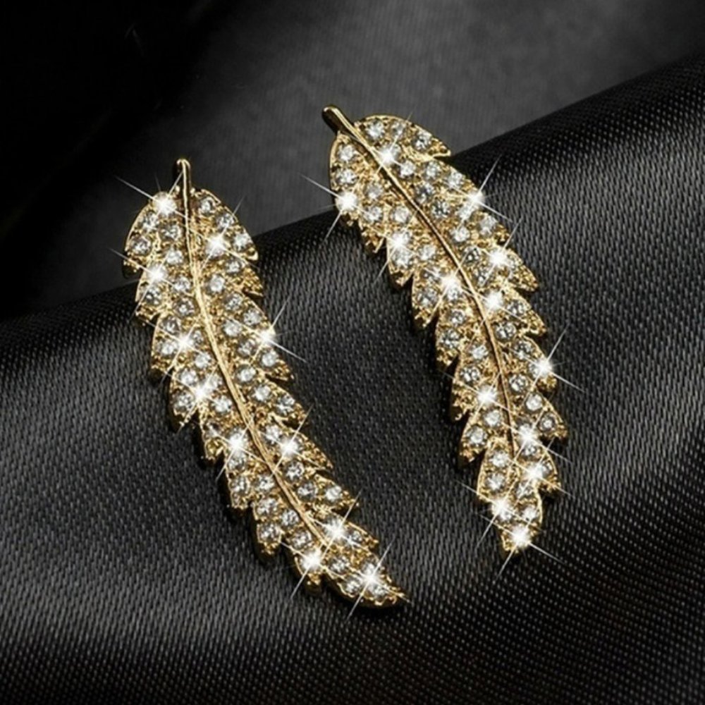 Gold Cubic Zirconia Leaf Feather Cuff Earrings